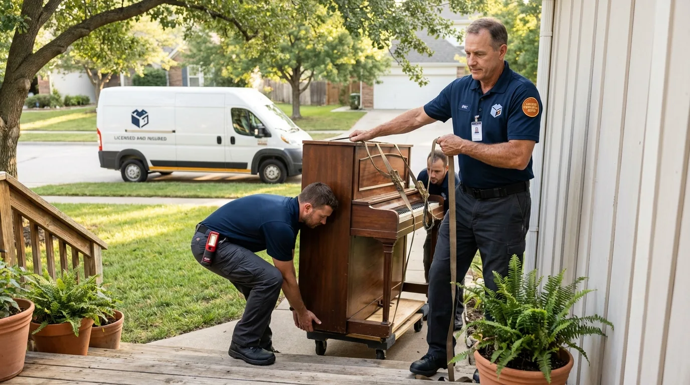 Licensed piano movers securing grand piano in London, AR