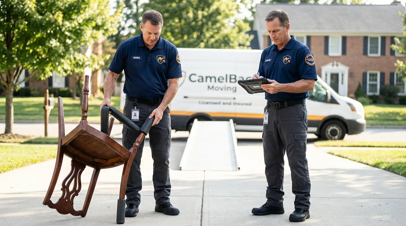 Movers inspecting furniture for damage prevention before loading in London, AR