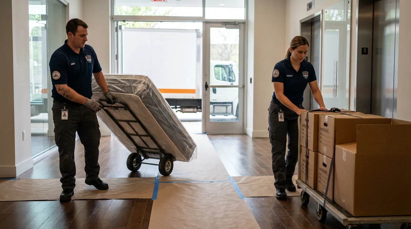 Professional apartment movers loading elevator in London, AR