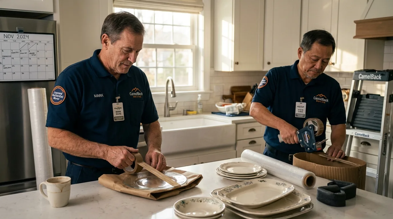 Professional crew packing kitchen dishware in London, AR